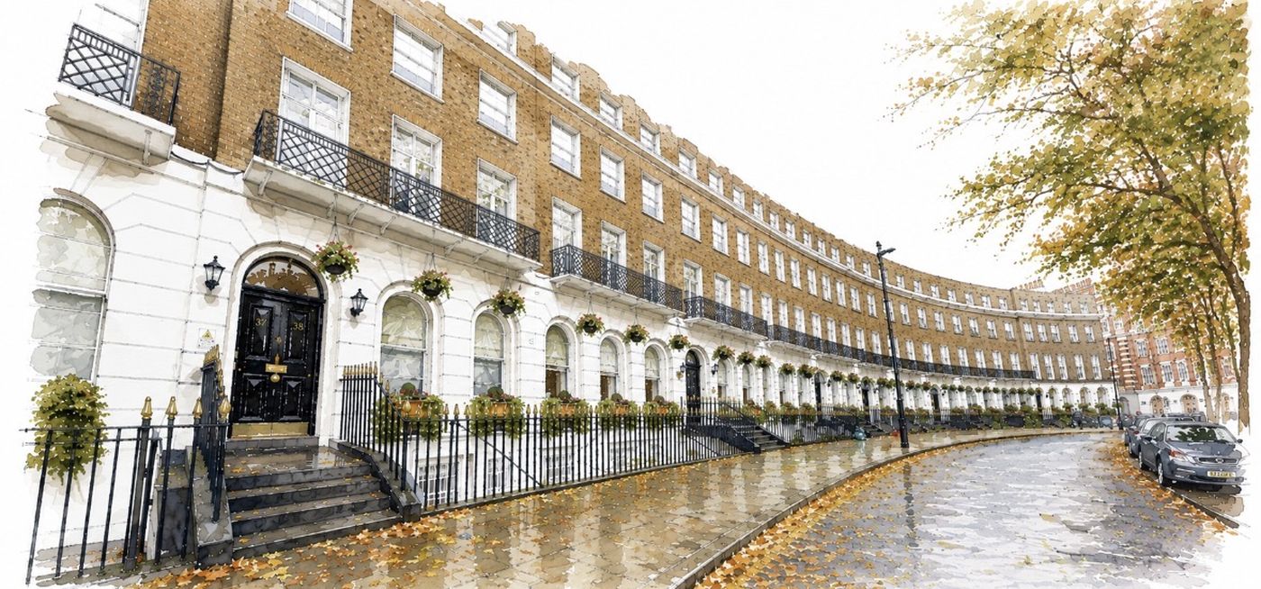 Illustration of a Georgian crescent terrace in London, with iron railings, arched ground-floor windows and autumn trees.